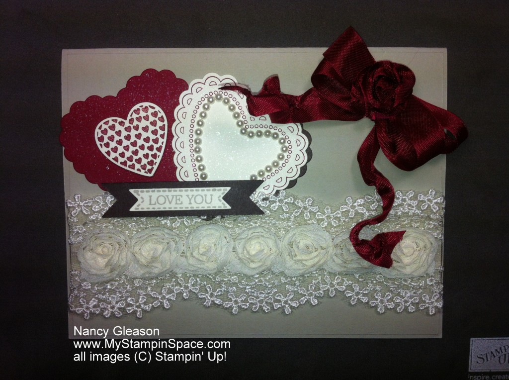 Valentine's Day, hearts, roses, double bow, order Stampin Up, Stampin Up products, lace, Hearts a Flutter, Nancy Gleason